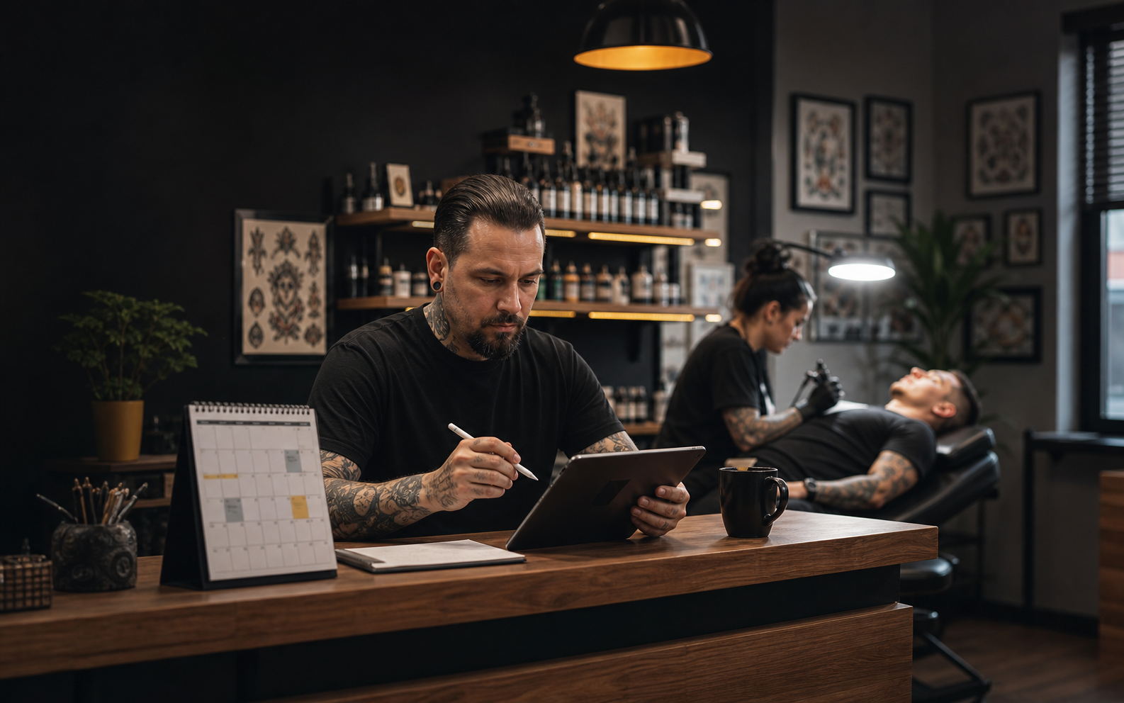 Tattoo studio team managing appointments