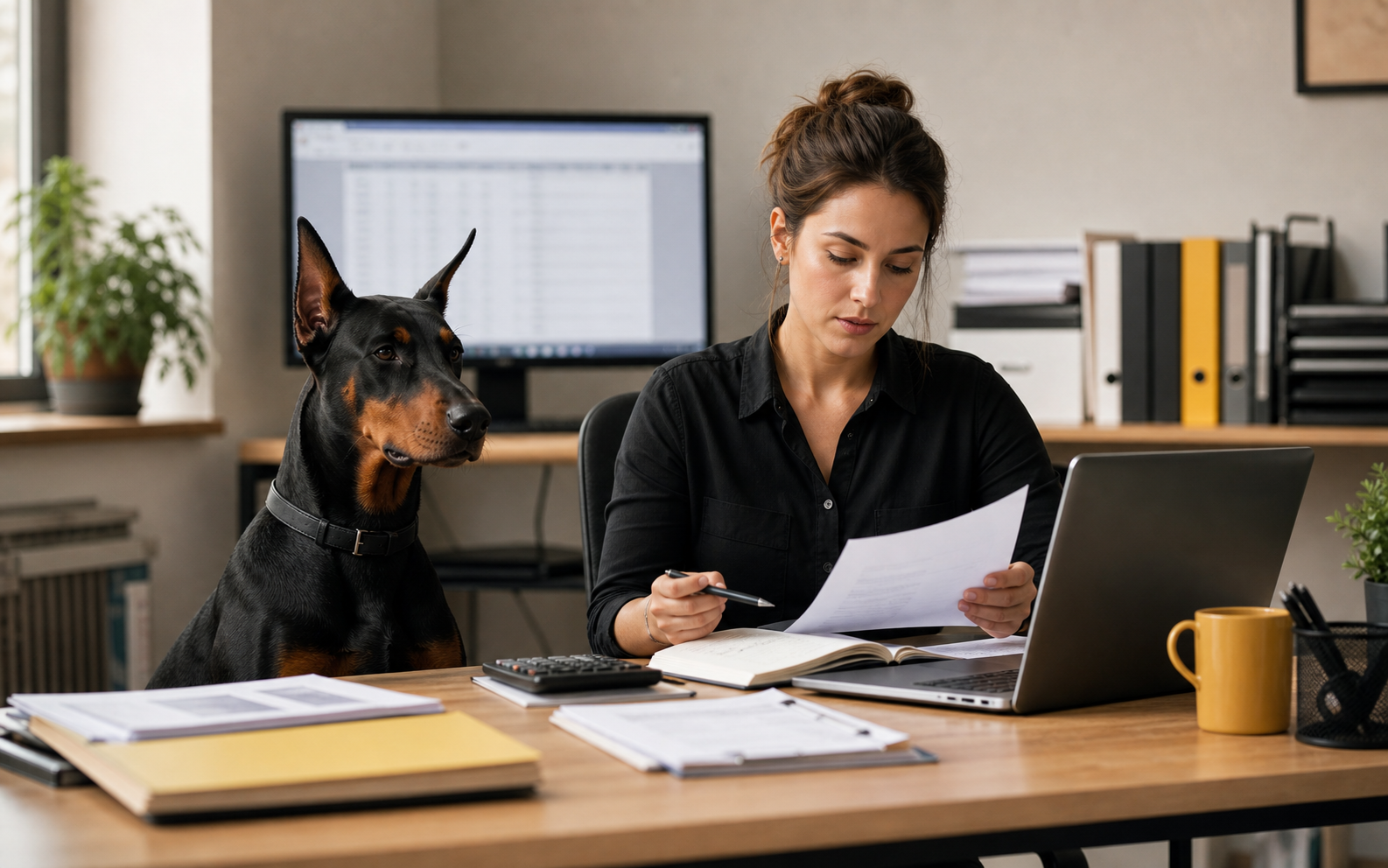 Doberman with accountant concept image